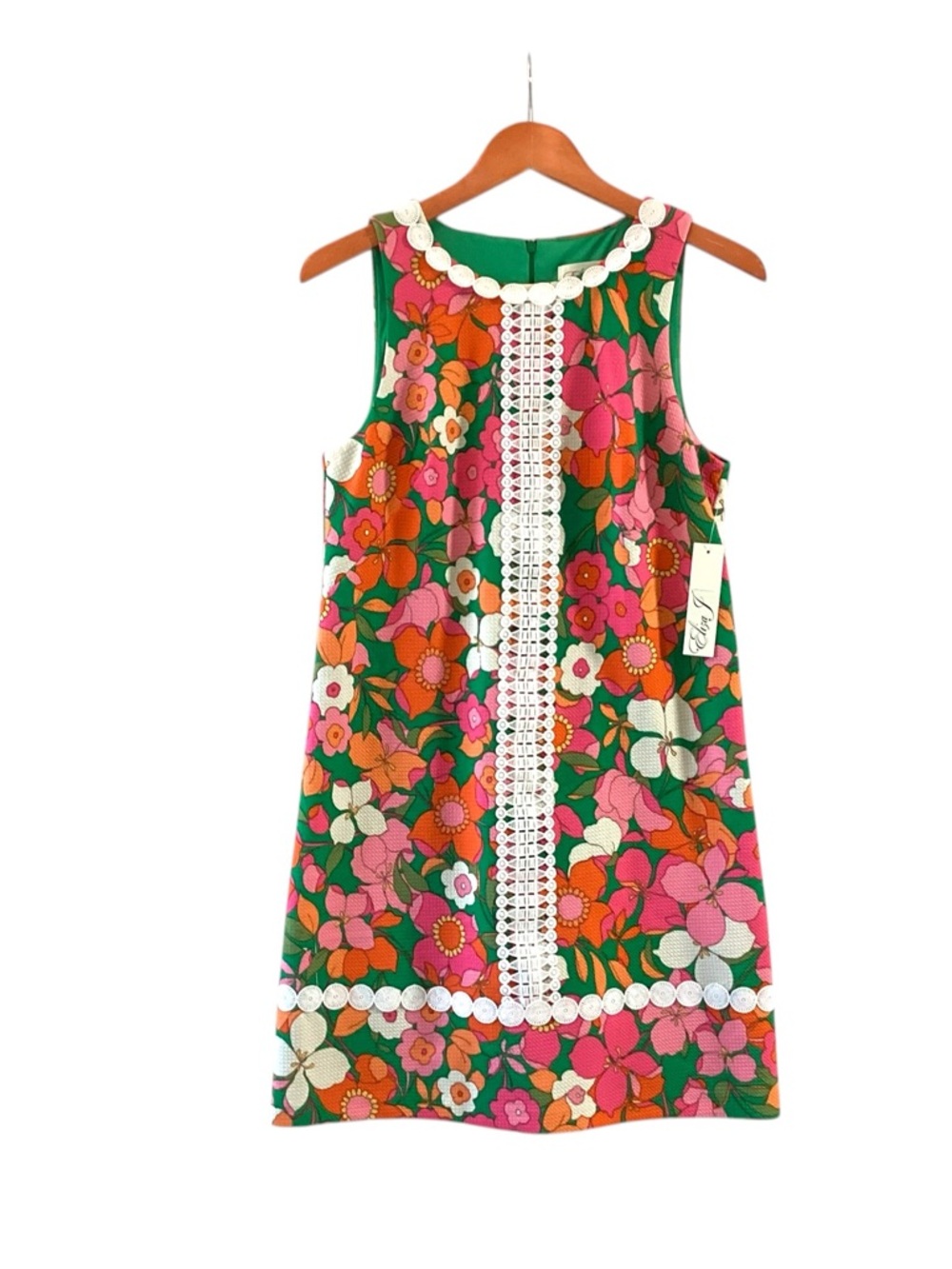Eliza J Floral Shift Dress Lace Trim Sleeveless Mod Retro Size 8 NWT - Picture 2 of 3